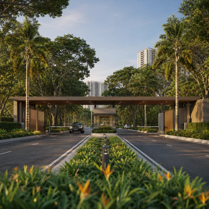 Embassy Sadahalli indicative main entrance gate with a long canopy, twin boom barriers and a glazed security cabin