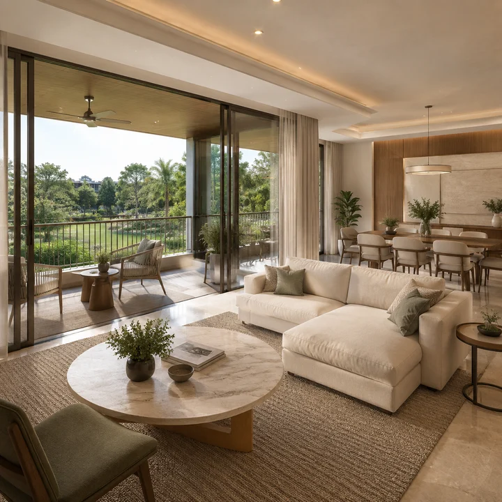 Embassy Sadahalli indicative apartment living and dining interior opening onto a covered balcony over the landscaped lawn