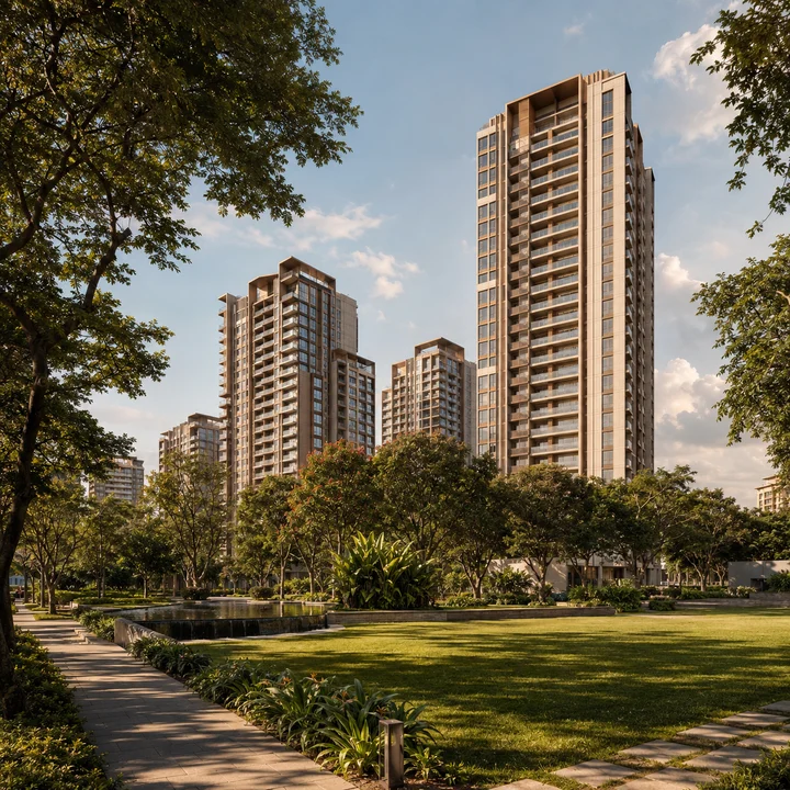 Embassy Sadahalli indicative view of the tower cluster across a landscaped central lawn with a stepped reflecting pool
