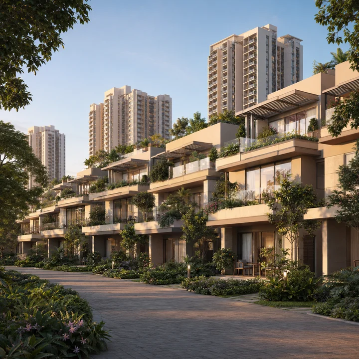 Embassy Sadahalli indicative row of the 48 low-rise villaments with planted terraces along an internal drive, apartment towers behind
