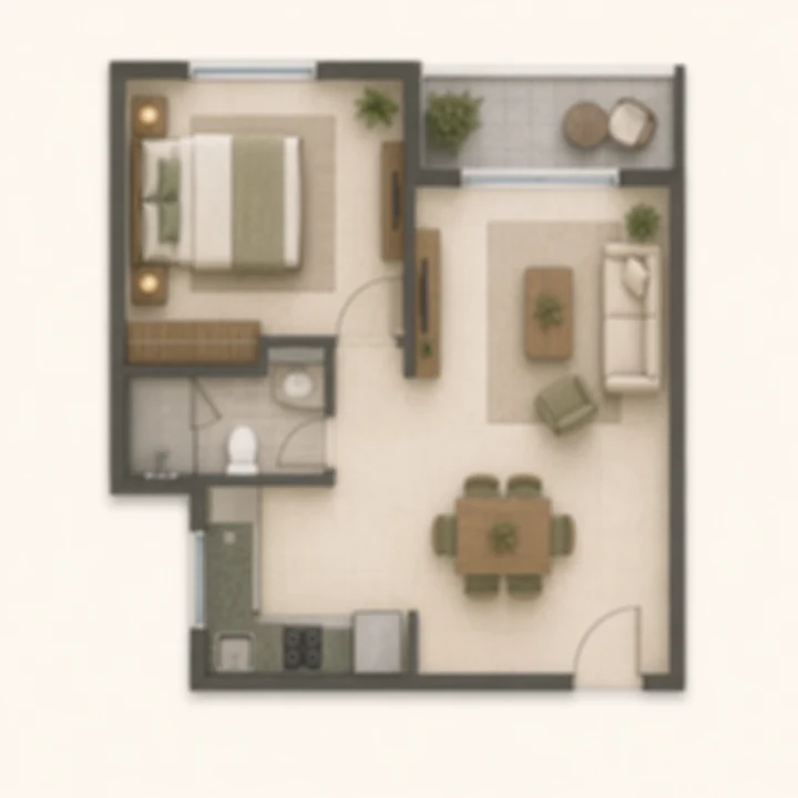 Embassy Sadahalli 1 BHK indicative floor plan, 600 to 750 sq ft on the client brief's tentative band