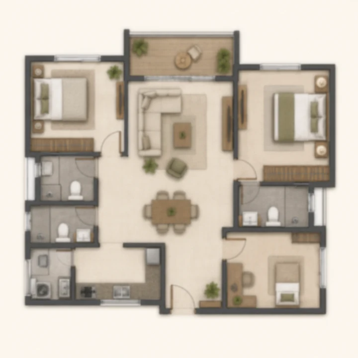 Embassy Sadahalli 2.5 BHK indicative floor plan with two bedrooms and a study, 1,050 to 1,250 sq ft on the brief's tentative band