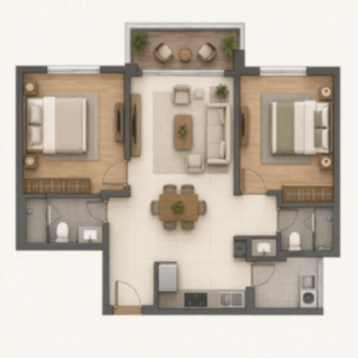 Embassy Sadahalli 2 BHK indicative floor plan, 850 to 1,050 sq ft on the client brief's tentative band