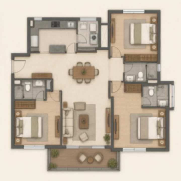 Embassy Sadahalli 3 BHK indicative floor plan with three attached bathrooms, 1,250 to 1,600 sq ft on the brief's tentative band