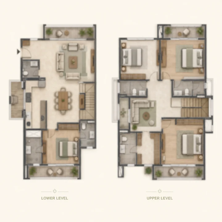 Embassy Sadahalli 4 BHK duplex indicative floor plan across lower and upper levels, 2,000 to 2,800 sq ft on the brief's tentative band