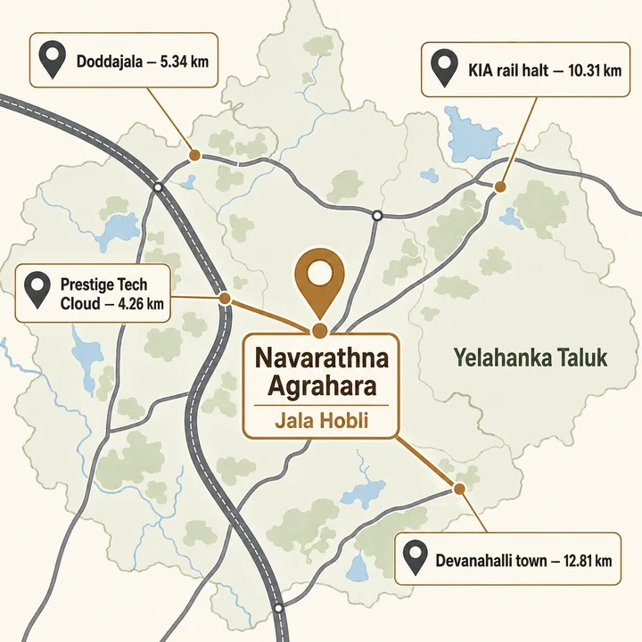 Embassy Sadahalli location map at Navarathna Agrahara in Jala Hobli, Yelahanka Taluk, showing Doddajala 5.34 km, Prestige Tech Cloud 4.26 km and the airport rail halt 10.31 km