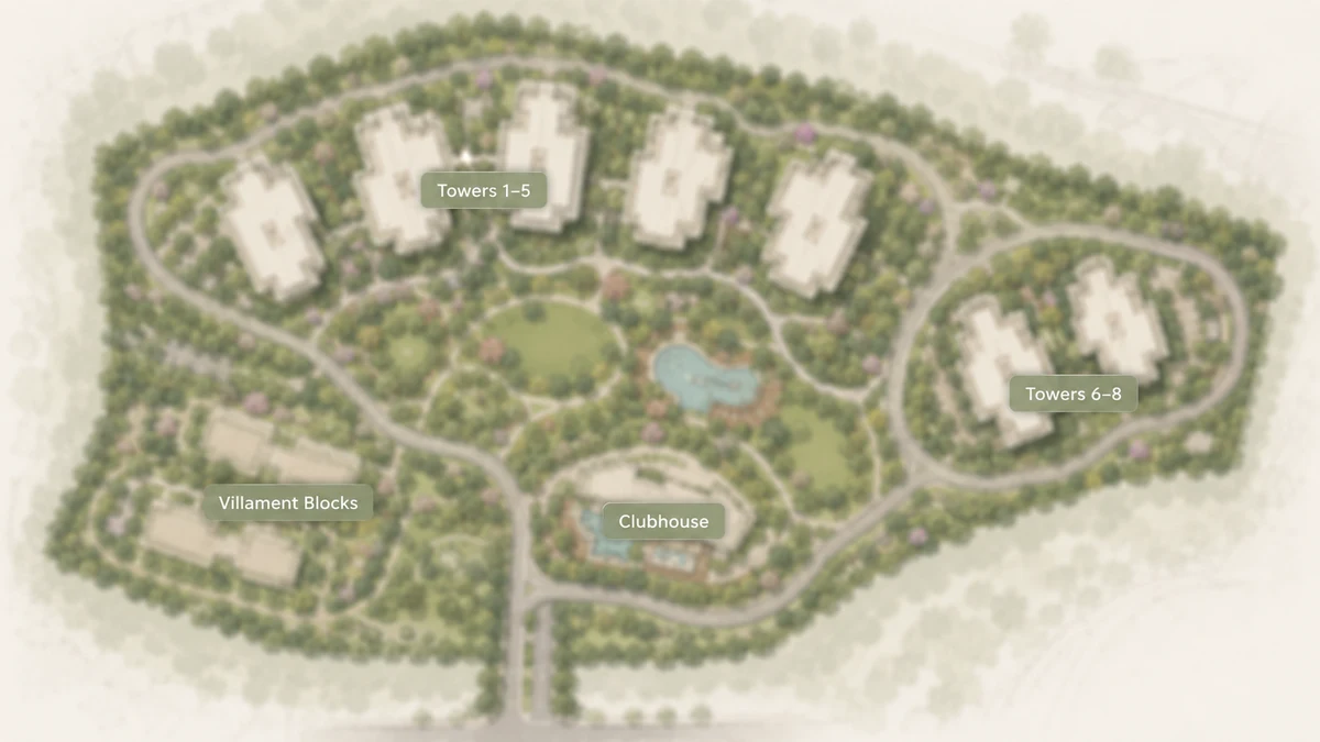 Embassy Sadahalli indicative master plan across the filed 16.80 acres, labelled Towers 1 to 5, Towers 6 to 8, villament blocks and clubhouse